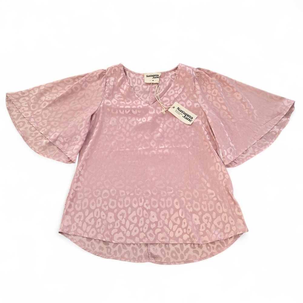 Savanna Jane Pink Satin Jacquard Leopard Bell Sleeve Blouse Top Medium NWT